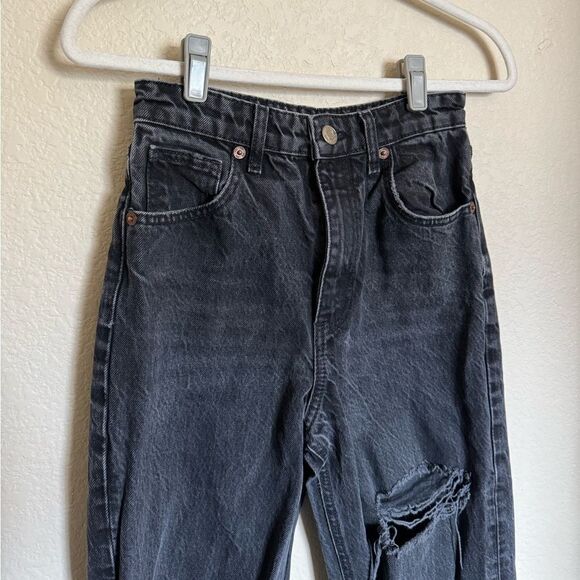 ZARA Cuffed Hem Folded Over High Rise Wide Leg Jeans‎ Sz 4 Black Distressed - Picture 3 of 8